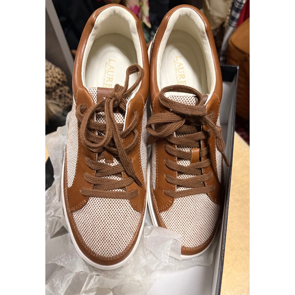 Lauren Ralph Lauren Hailey 4 Leather & Canvas Sneakers Women's Size 9B Brown